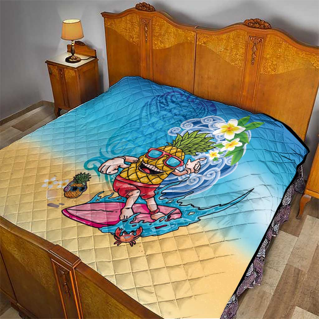 Hawaiian Funny Pineapple Surfing Quilt Beach with Tribal Kakau and Plumeria