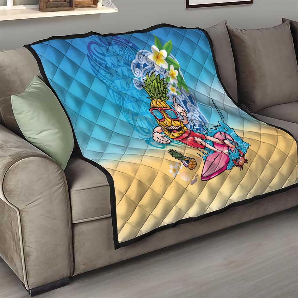 Hawaiian Funny Pineapple Surfing Quilt Beach with Tribal Kakau and Plumeria