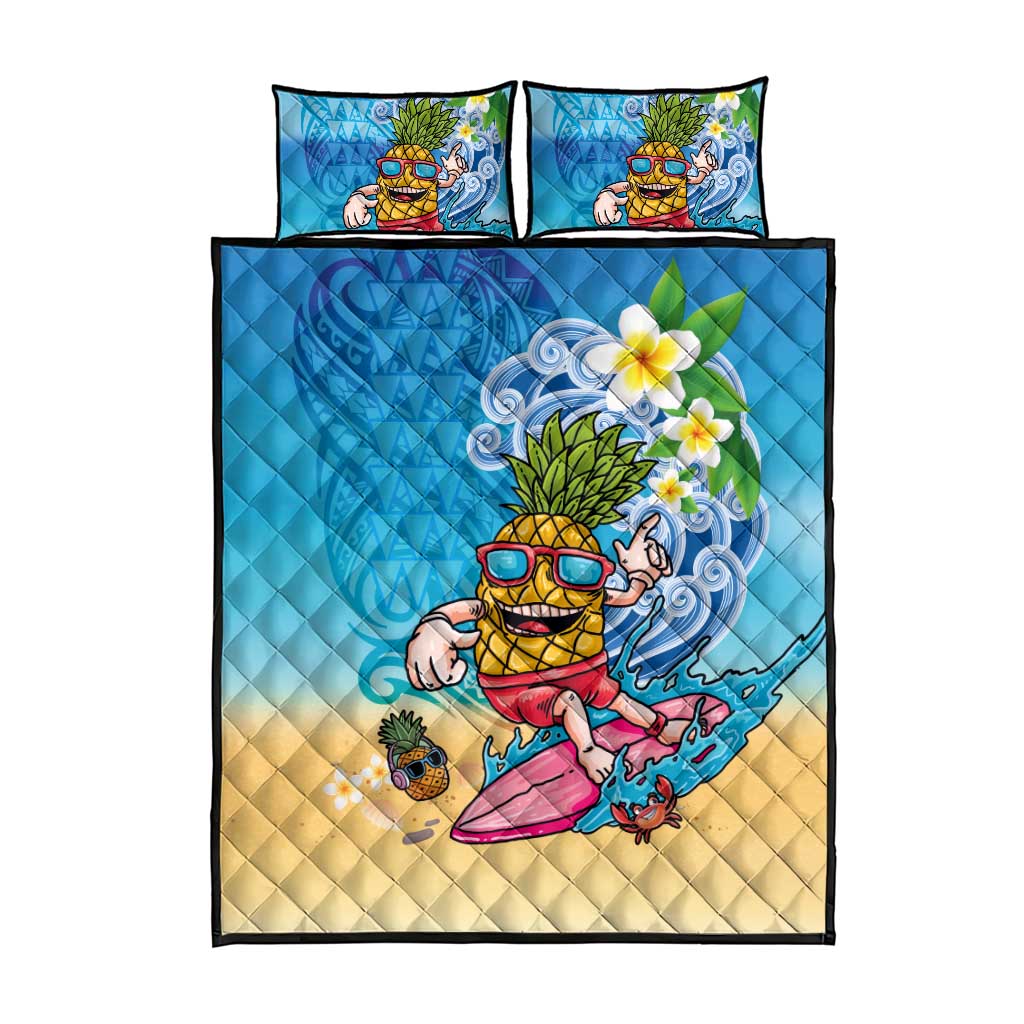 Hawaiian Funny Pineapple Surfing Quilt Bed Set Beach with Tribal Kakau and Plumeria