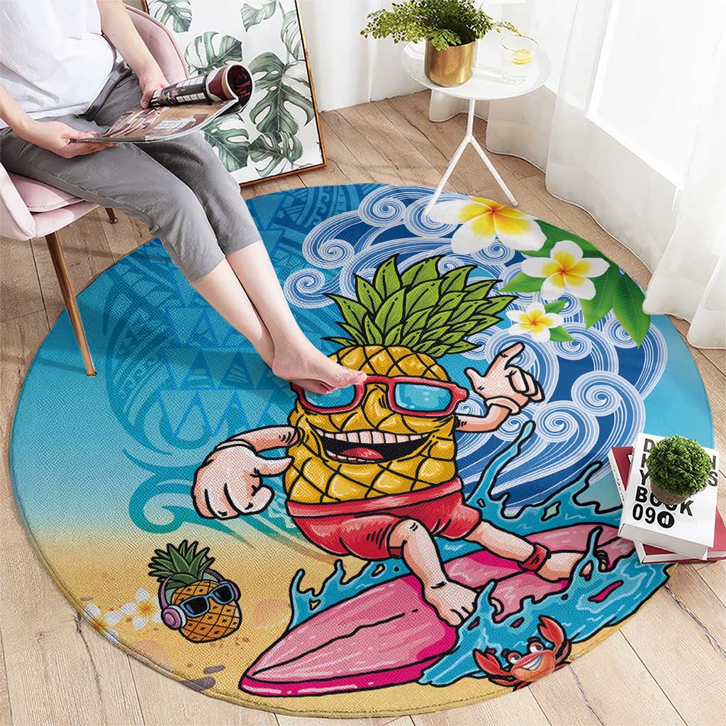 Hawaiian Funny Pineapple Surfing Round Carpet Beach with Tribal Kakau and Plumeria