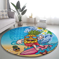 Hawaiian Funny Pineapple Surfing Round Carpet Beach with Tribal Kakau and Plumeria