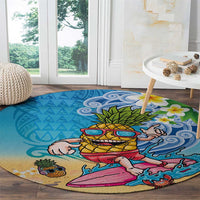 Hawaiian Funny Pineapple Surfing Round Carpet Beach with Tribal Kakau and Plumeria