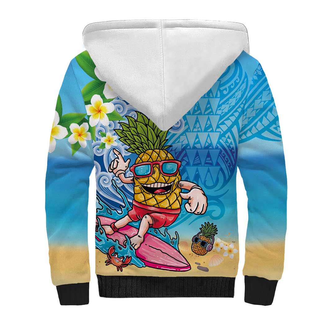 Hawaiian Funny Pineapple Surfing Sherpa Hoodie Beach with Tribal Kakau and Plumeria LT03 - Polynesian Pride