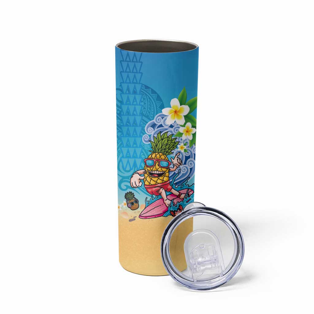 Hawaiian Funny Pineapple Surfing Skinny Tumbler Beach with Tribal Kakau and Plumeria LT03 - Polynesian Pride