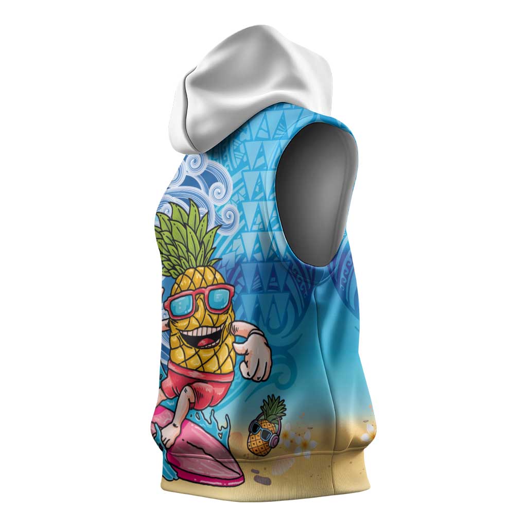 Hawaiian Funny Pineapple Surfing Sleeveless Hoodie Beach with Tribal Kakau and Plumeria
