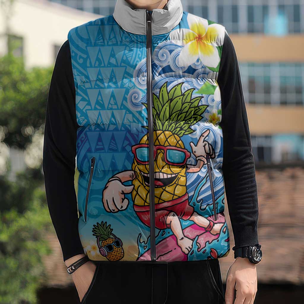 Hawaiian Funny Pineapple Surfing Sleeveless Puffer Jacket Beach with Tribal Kakau and Plumeria