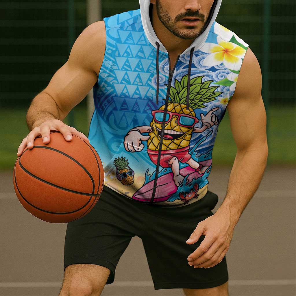 Hawaiian Funny Pineapple Surfing Sleeveless Zip Hoodie Beach with Tribal Kakau and Plumeria LT03 - Polynesian Pride
