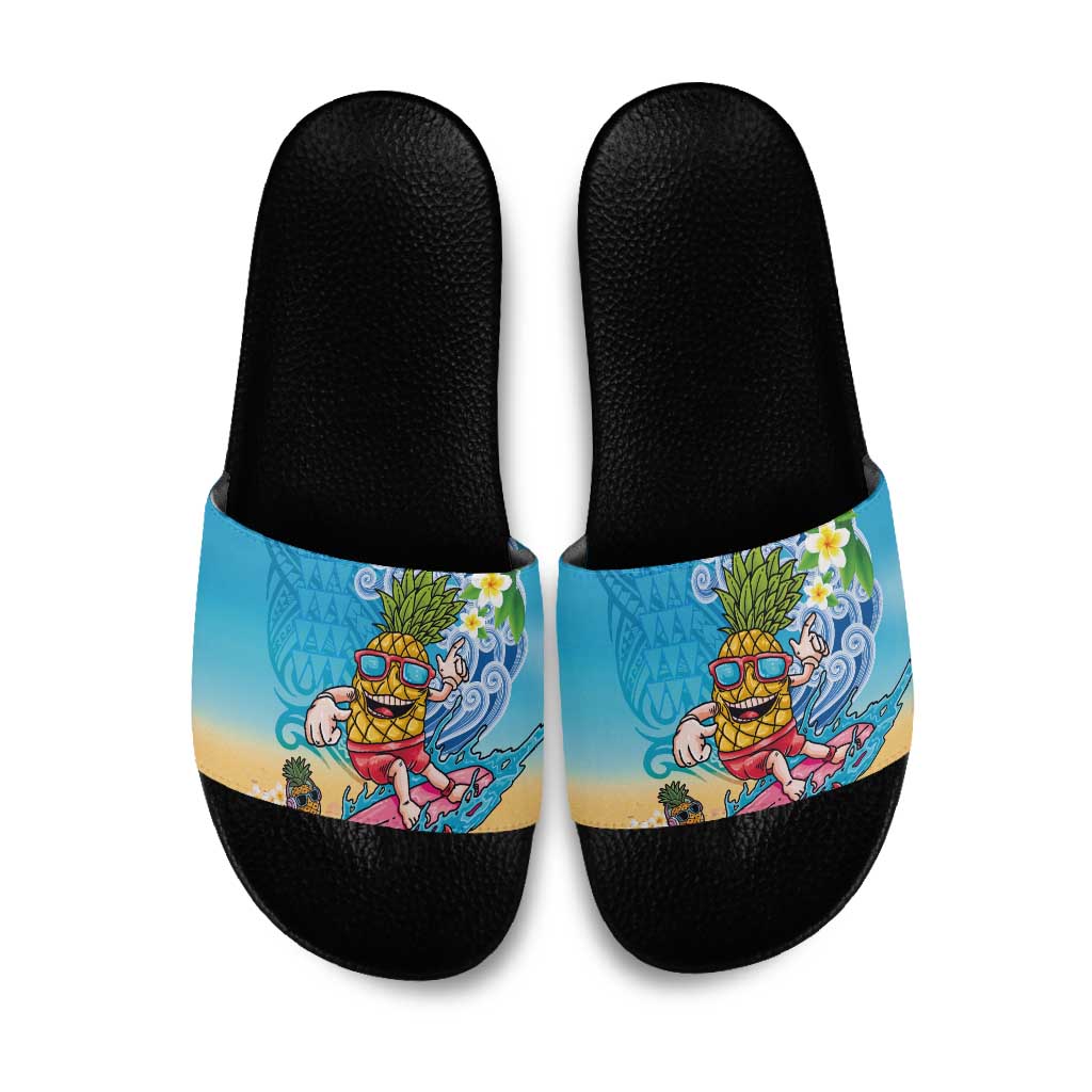 Hawaiian Funny Pineapple Surfing Slide Sandals Beach with Tribal Kakau and Plumeria