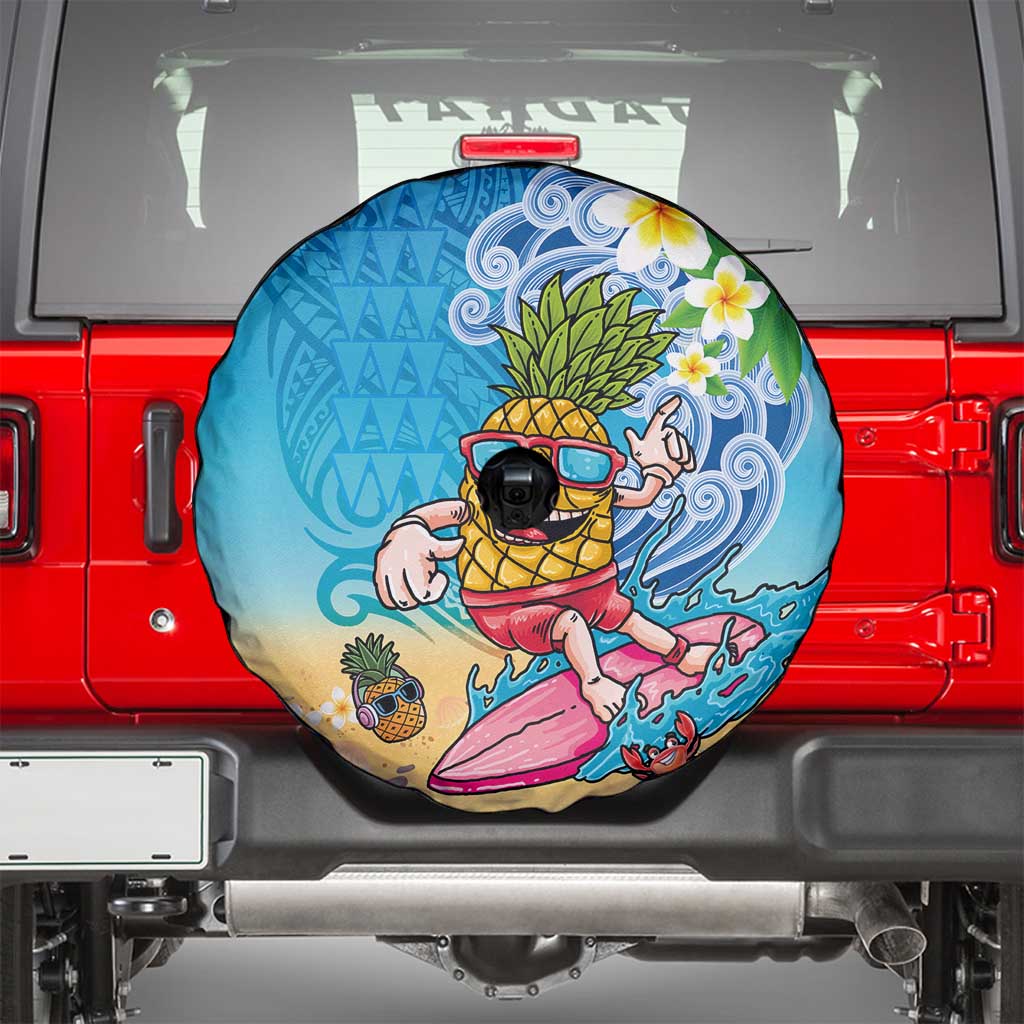 Hawaiian Funny Pineapple Surfing Spare Tire Cover Beach with Tribal Kakau and Plumeria