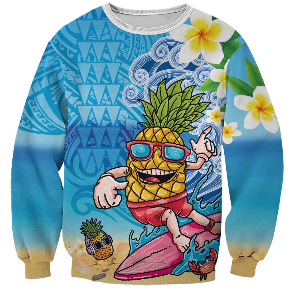 Hawaiian Funny Pineapple Surfing Sweatshirt Beach with Tribal Kakau and Plumeria