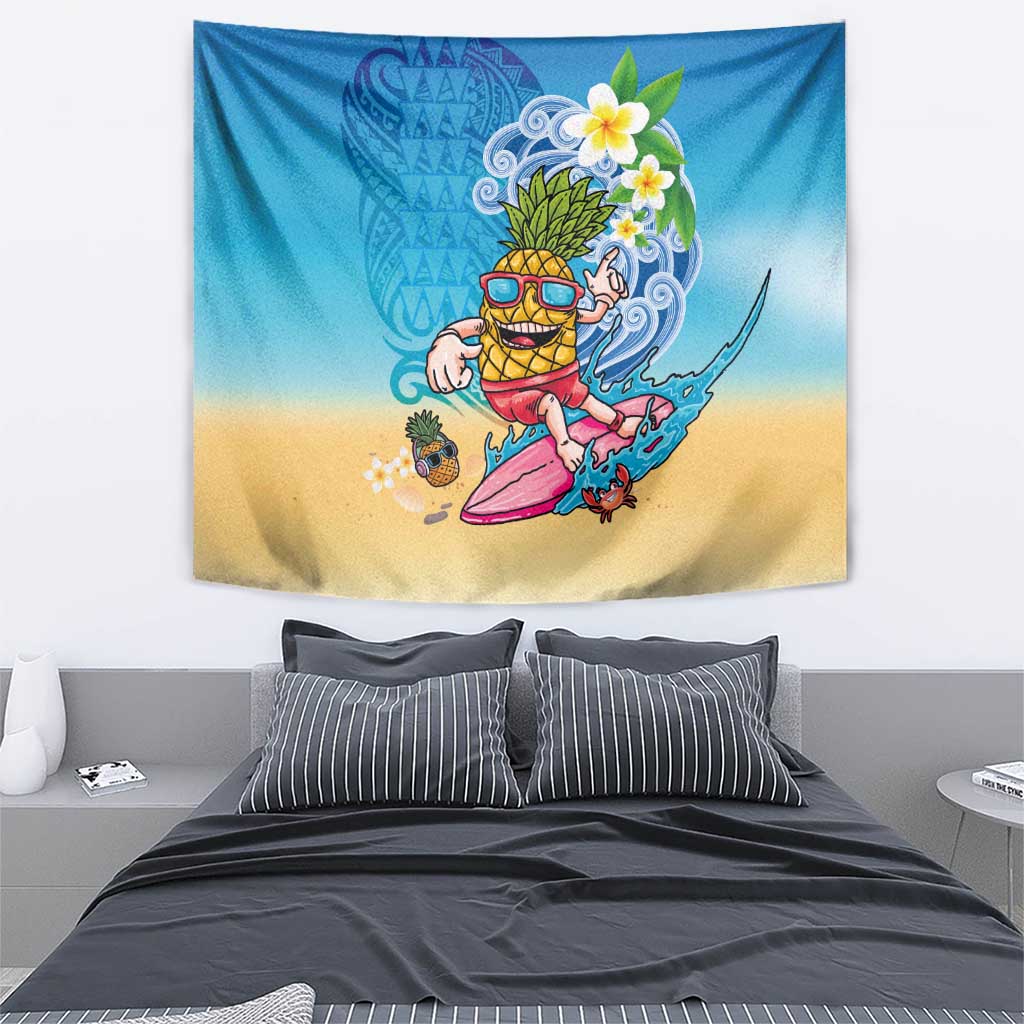 Hawaiian Funny Pineapple Surfing Tapestry Beach with Tribal Kakau and Plumeria