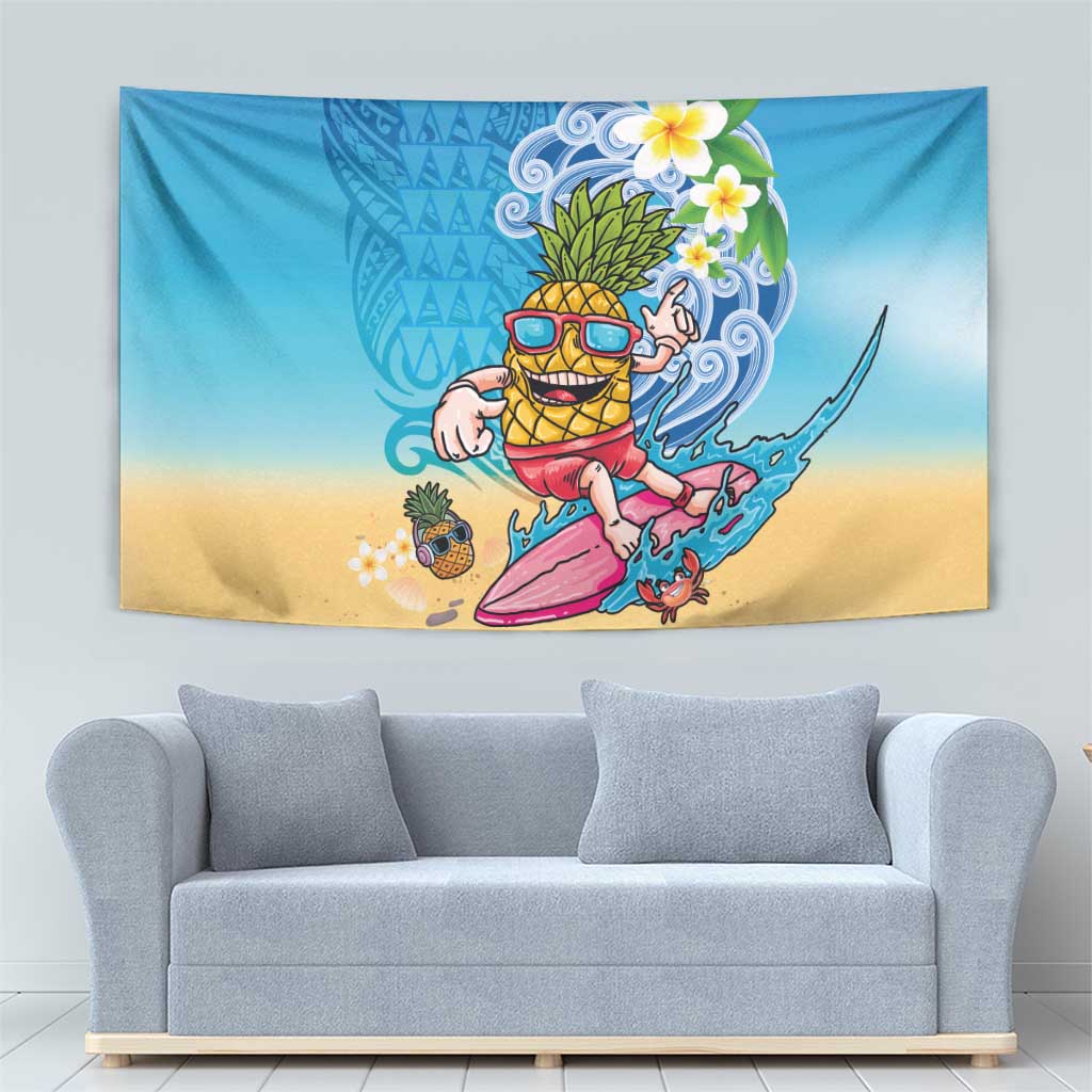 Hawaiian Funny Pineapple Surfing Tapestry Beach with Tribal Kakau and Plumeria