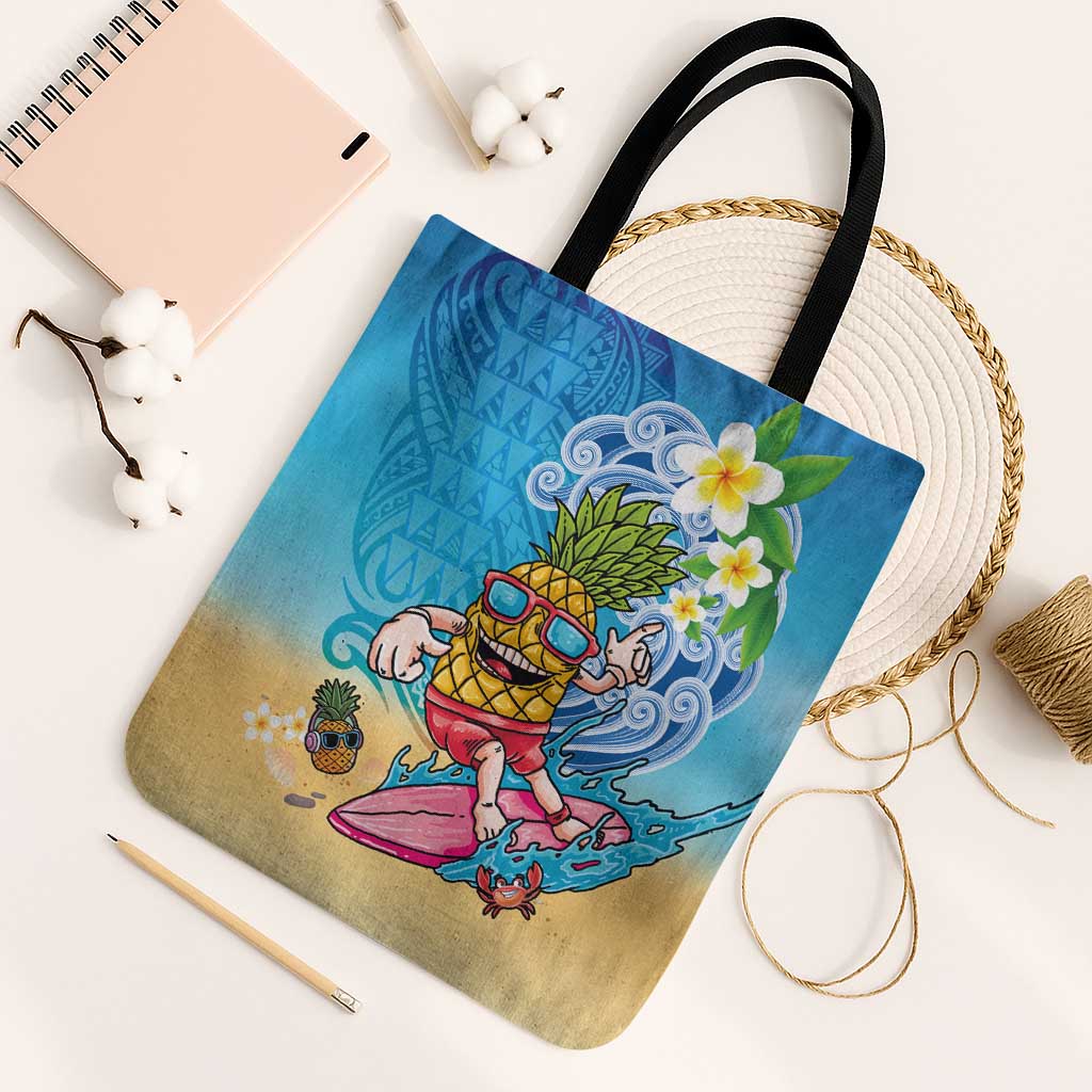 Hawaiian Funny Pineapple Surfing Tote Bag Beach with Tribal Kakau and Plumeria