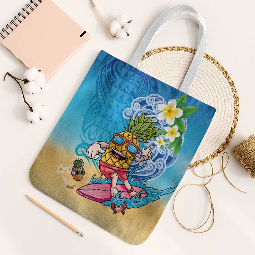 Hawaiian Funny Pineapple Surfing Tote Bag Beach with Tribal Kakau and Plumeria