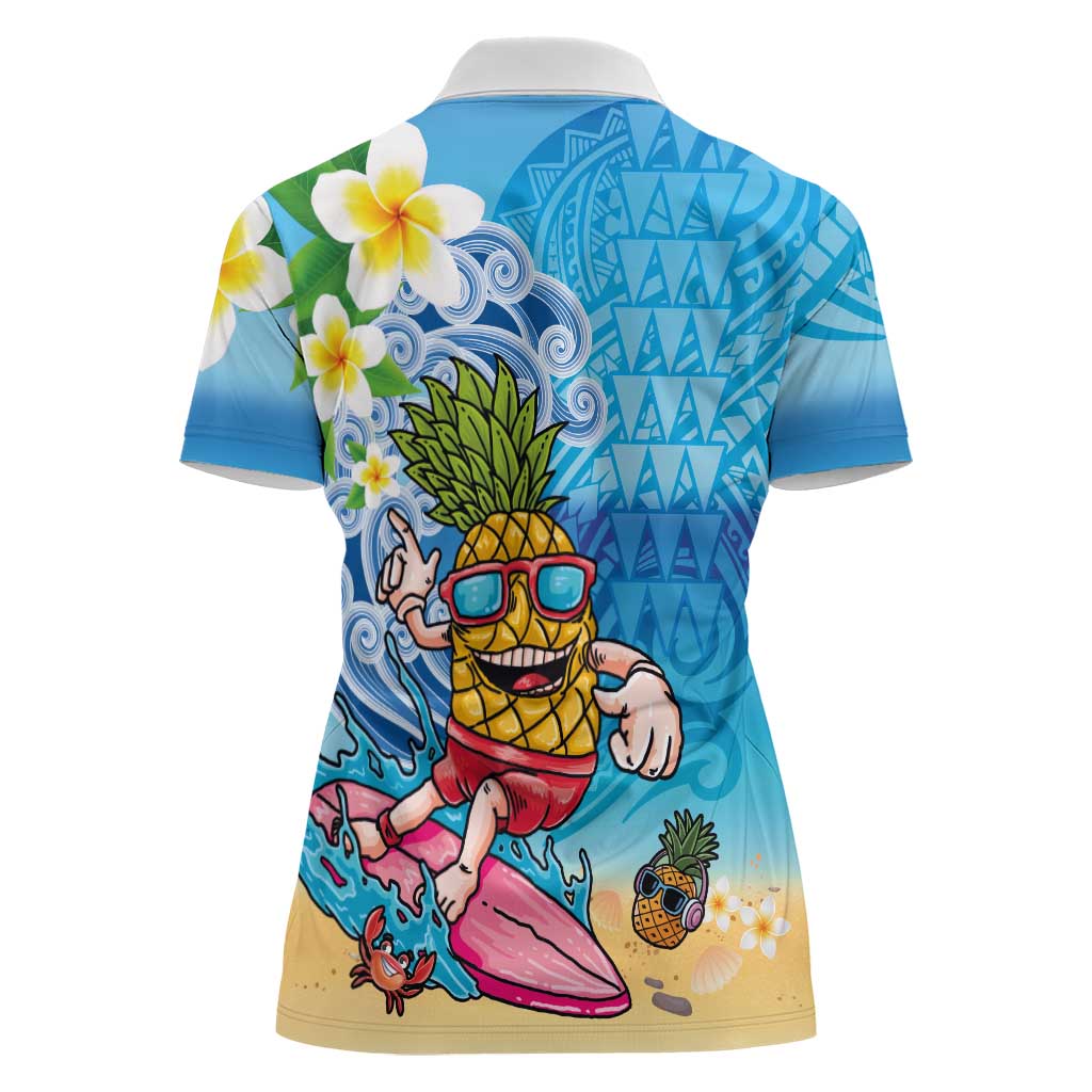 Hawaiian Funny Pineapple Surfing Women Polo Shirt Beach with Tribal Kakau and Plumeria LT03 - Polynesian Pride