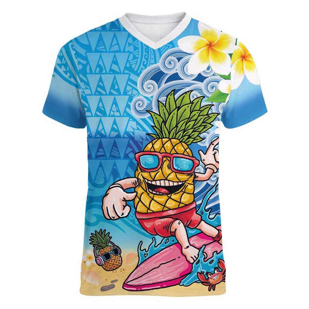 Hawaiian Funny Pineapple Surfing Women V-Neck T-Shirt Beach with Tribal Kakau and Plumeria