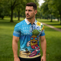Hawaiian Funny Pineapple Surfing Zipper Polo Shirt Beach with Tribal Kakau and Plumeria LT03 - Polynesian Pride