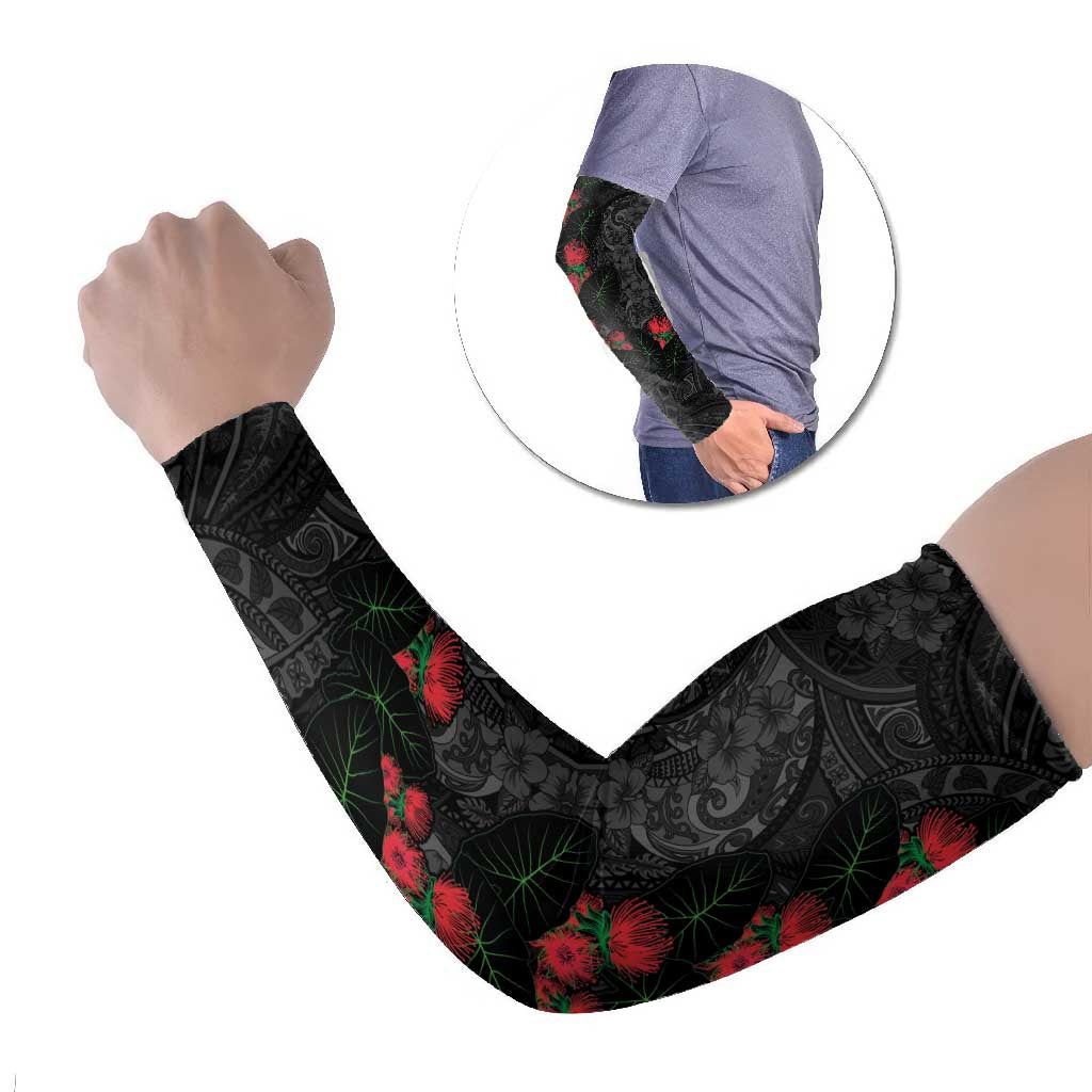 Hawaiian Taro Leaves and Ohia Lehua Arm Sleeves Polynesian Tribal Art Tropical Plants Motifs Grayscale LT03 Set of 2 Multicolor - Polynesian Pride