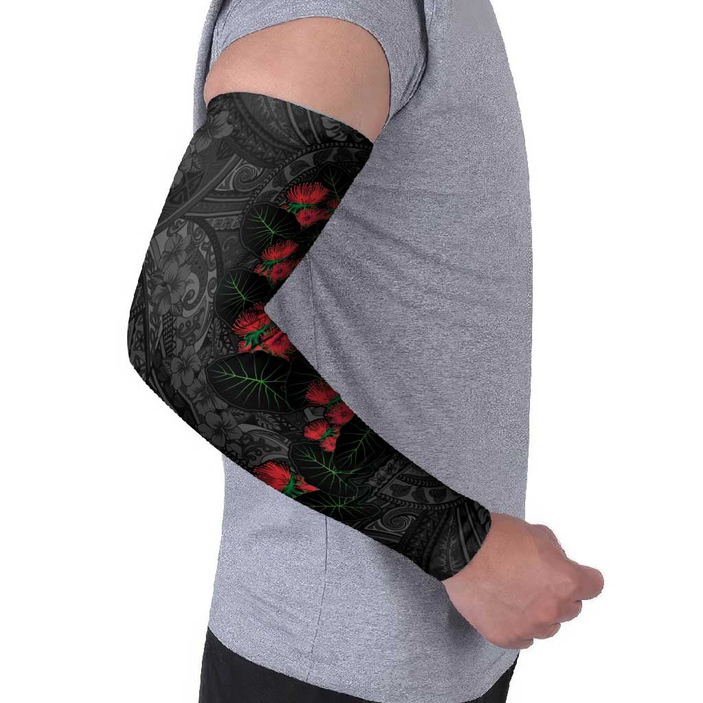 Hawaiian Taro Leaves and Ohia Lehua Arm Sleeves Polynesian Tribal Art Tropical Plants Motifs Grayscale LT03 - Polynesian Pride
