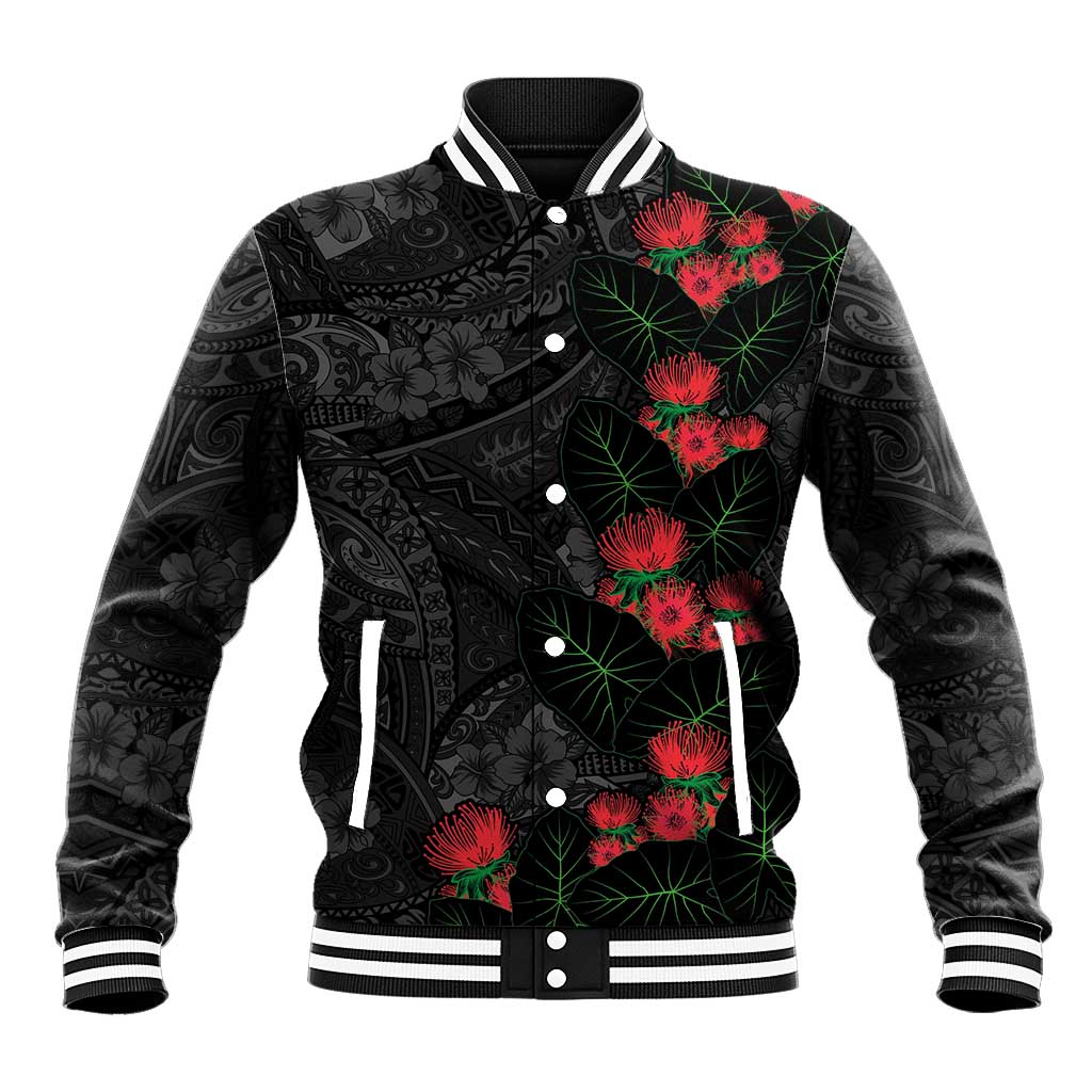Hawaiian Taro Leaves and Ohia Lehua Baseball Jacket Polynesian Tribal Art Tropical Plants Motifs Grayscale