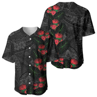 Hawaiian Taro Leaves and Ohia Lehua Baseball Jersey Polynesian Tribal Art Tropical Plants Motifs Grayscale LT03 - Polynesian Pride