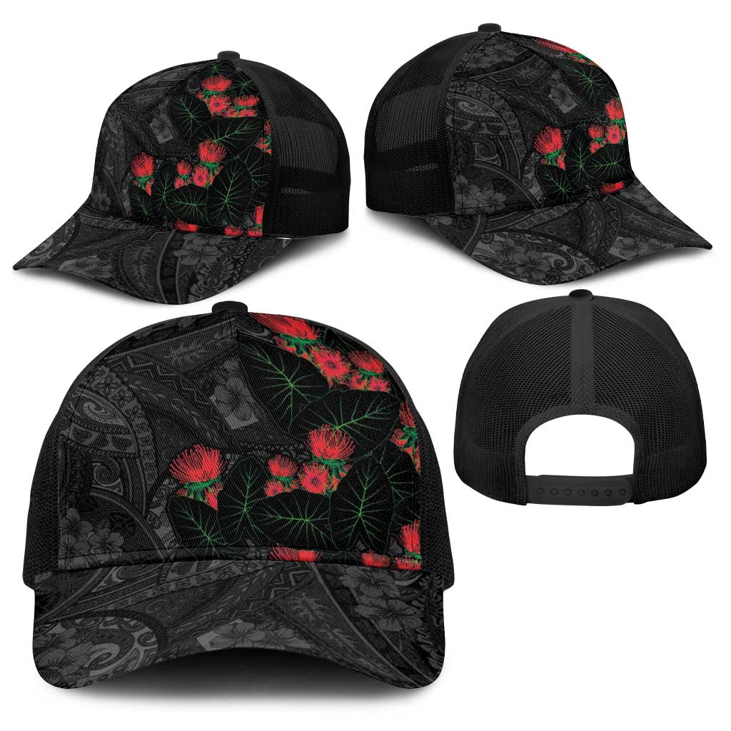Hawaiian Taro Leaves and Ohia Lehua Baseball Net Cap Polynesian Tribal Art Tropical Plants Motifs Grayscale