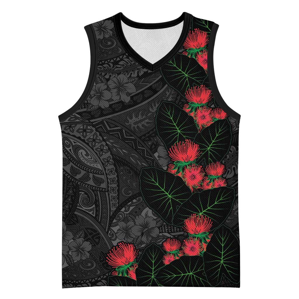 Hawaiian Taro Leaves and Ohia Lehua Basketball Jersey Polynesian Tribal Art Tropical Plants Motifs Grayscale