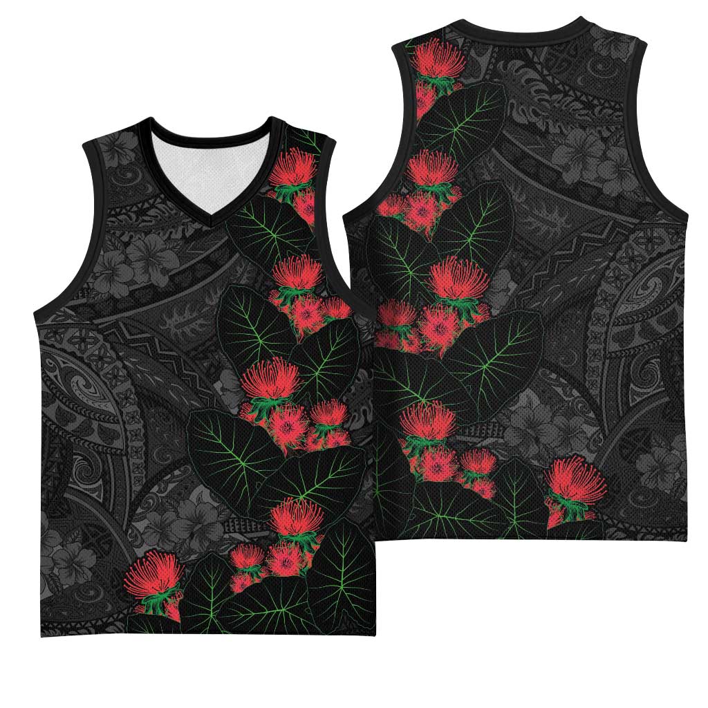 Hawaiian Taro Leaves and Ohia Lehua Basketball Jersey Polynesian Tribal Art Tropical Plants Motifs Grayscale LT03 - Polynesian Pride