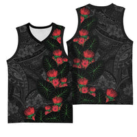 Hawaiian Taro Leaves and Ohia Lehua Basketball Jersey Polynesian Tribal Art Tropical Plants Motifs Grayscale LT03 - Polynesian Pride