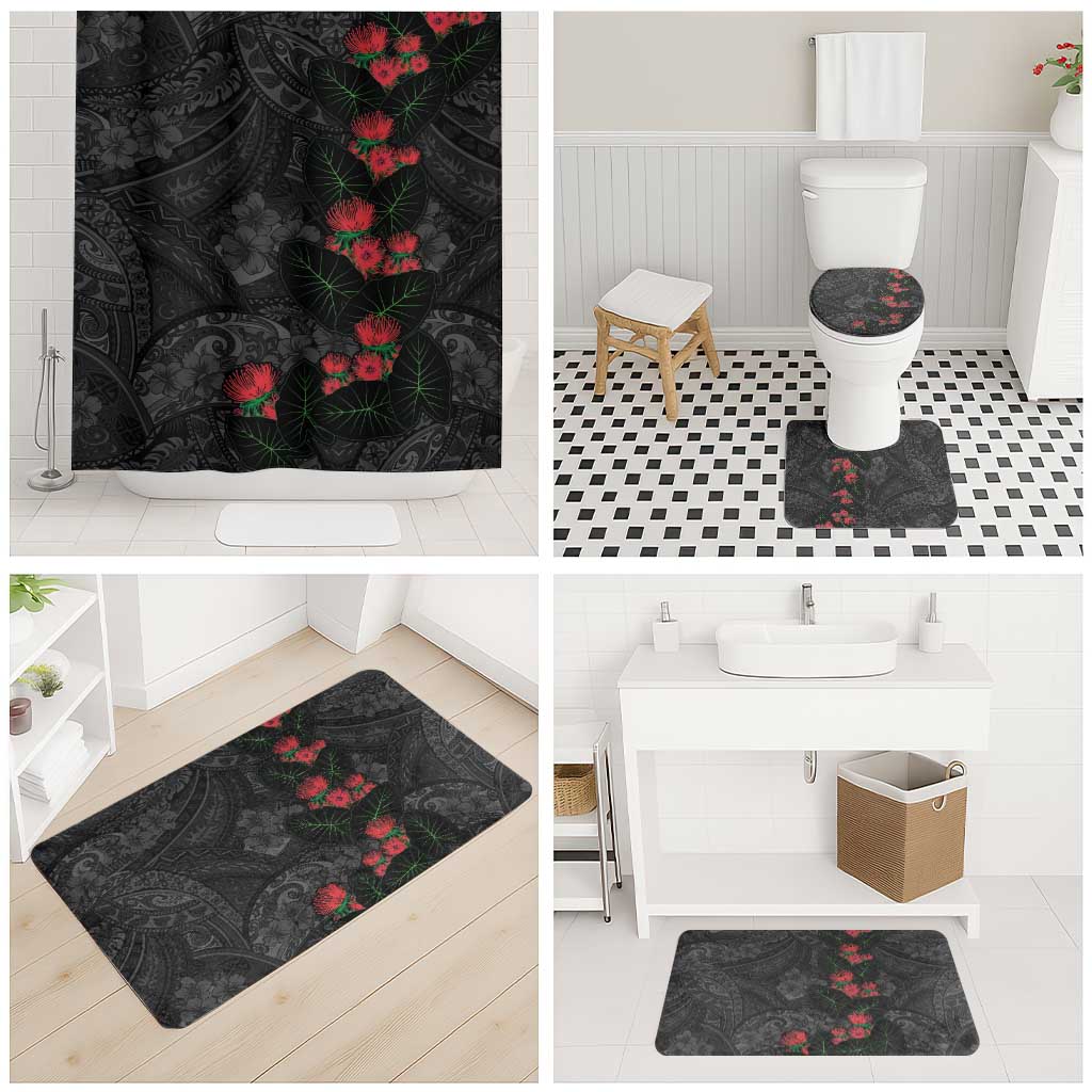 Hawaiian Taro Leaves and Ohia Lehua Bathroom Set Polynesian Tribal Art Tropical Plants Motifs Grayscale