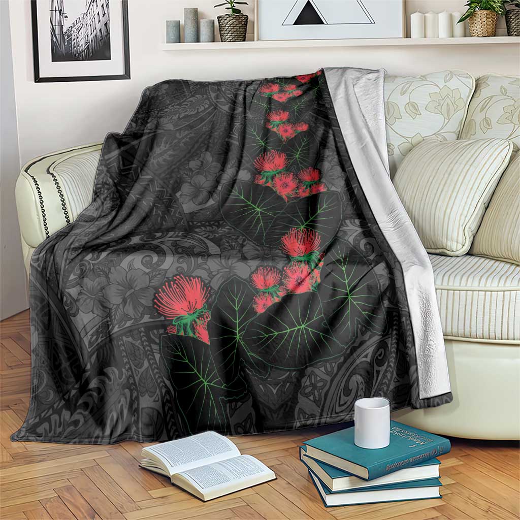 Hawaiian Taro Leaves and Ohia Lehua Blanket Polynesian Tribal Art Tropical Plants Motifs Grayscale