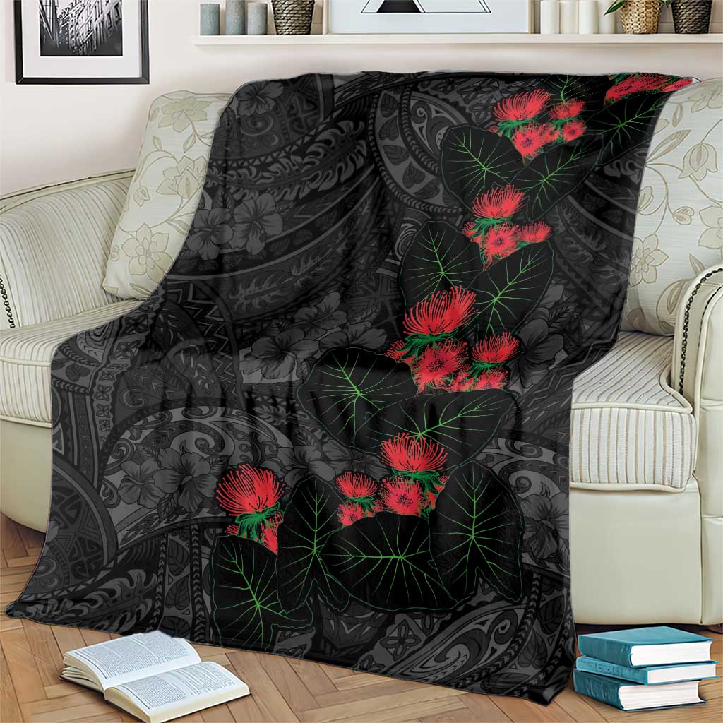 Hawaiian Taro Leaves and Ohia Lehua Blanket Polynesian Tribal Art Tropical Plants Motifs Grayscale
