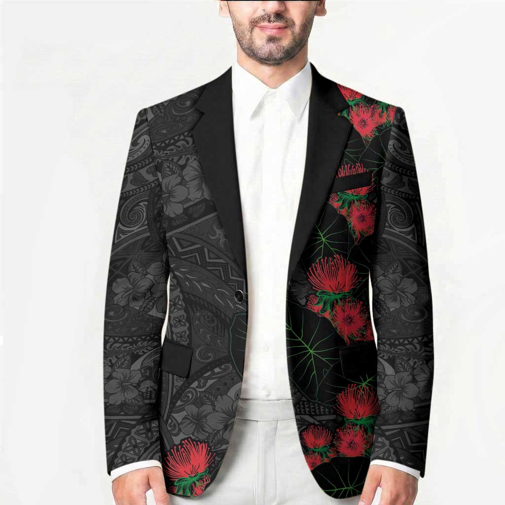 Hawaiian Taro Leaves and Ohia Lehua Blazer Polynesian Tribal Art Tropical Plants Motifs Grayscale