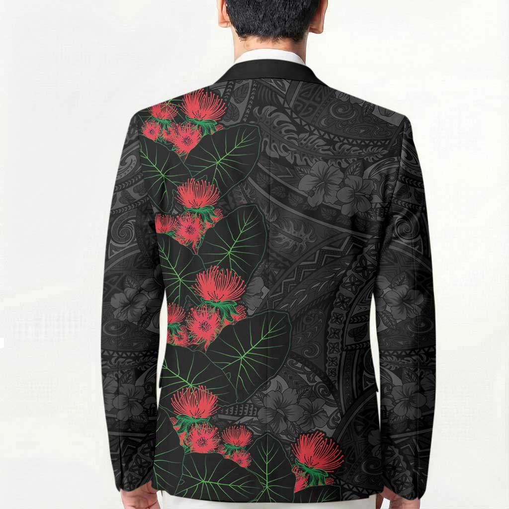 Hawaiian Taro Leaves and Ohia Lehua Blazer Polynesian Tribal Art Tropical Plants Motifs Grayscale
