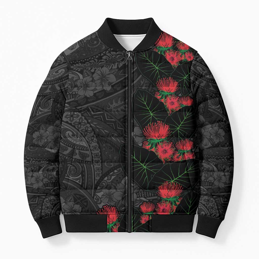 Hawaiian Taro Leaves and Ohia Lehua Bomber Puffer Jacket Polynesian Tribal Art Tropical Plants Motifs Grayscale