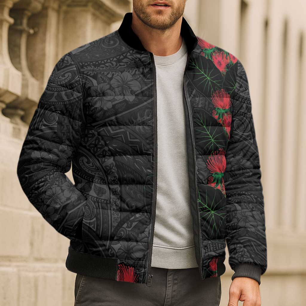 Hawaiian Taro Leaves and Ohia Lehua Bomber Puffer Jacket Polynesian Tribal Art Tropical Plants Motifs Grayscale
