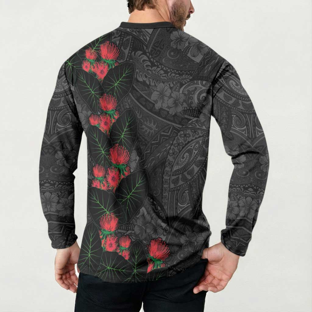 Hawaiian Taro Leaves and Ohia Lehua Button Sweatshirt Polynesian Tribal Art Tropical Plants Motifs Grayscale