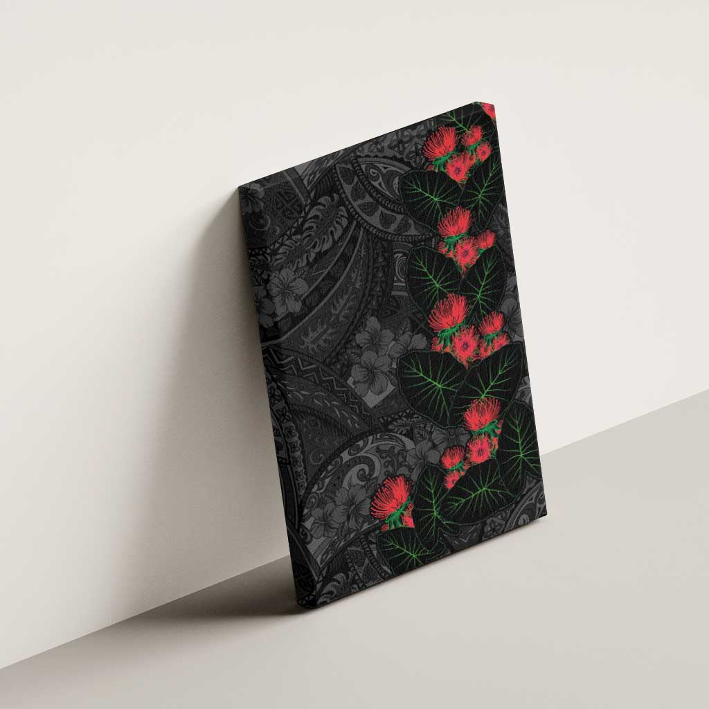 Hawaiian Taro Leaves and Ohia Lehua Canvas Wall Art Polynesian Tribal Art Tropical Plants Motifs Grayscale LT03 - Polynesian Pride