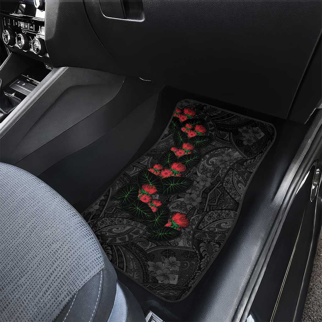 Hawaiian Taro Leaves and Ohia Lehua Car Mats Polynesian Tribal Art Tropical Plants Motifs Grayscale LT03 - Polynesian Pride