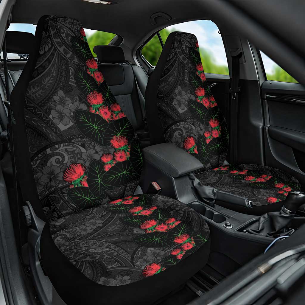 Hawaiian Taro Leaves and Ohia Lehua Car Seat Cover Polynesian Tribal Art Tropical Plants Motifs Grayscale
