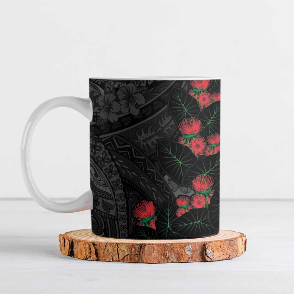 Hawaiian Taro Leaves and Ohia Lehua Ceramic Mug Polynesian Tribal Art Tropical Plants Motifs Grayscale