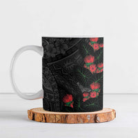 Hawaiian Taro Leaves and Ohia Lehua Ceramic Mug Polynesian Tribal Art Tropical Plants Motifs Grayscale