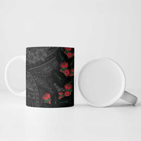 Hawaiian Taro Leaves and Ohia Lehua Ceramic Mug Polynesian Tribal Art Tropical Plants Motifs Grayscale
