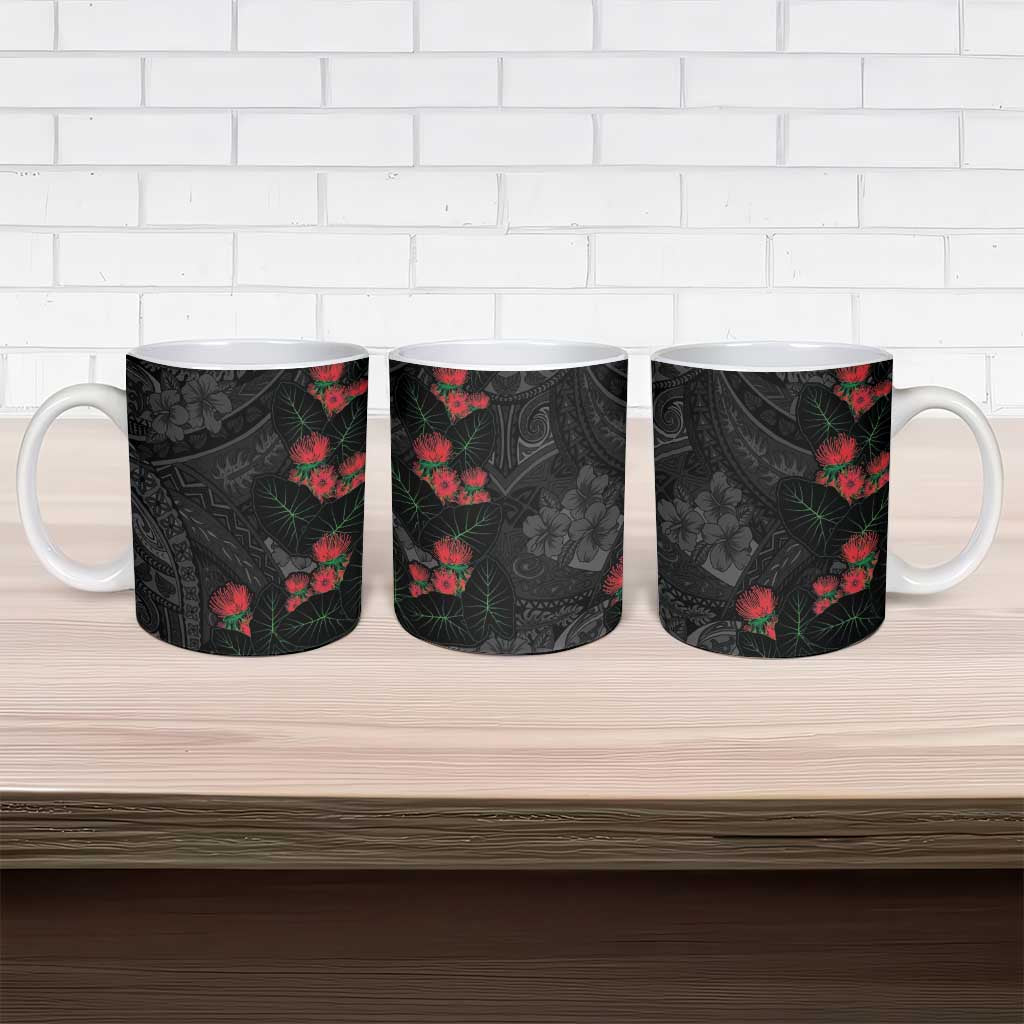 Hawaiian Taro Leaves and Ohia Lehua Ceramic Mug Polynesian Tribal Art Tropical Plants Motifs Grayscale