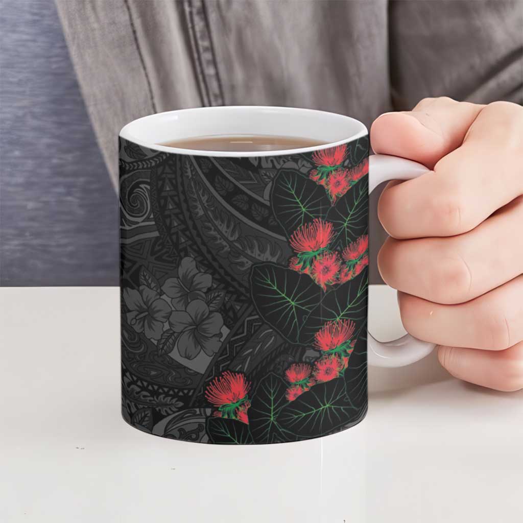 Hawaiian Taro Leaves and Ohia Lehua Ceramic Mug Polynesian Tribal Art Tropical Plants Motifs Grayscale