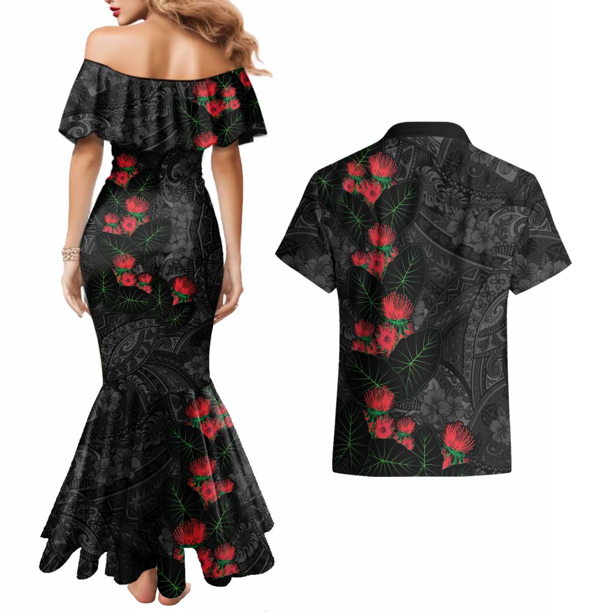 Hawaiian Taro Leaves and Ohia Lehua Couples Matching Mermaid Dress and Hawaiian Shirt Polynesian Tribal Art Tropical Plants Motifs Grayscale LT03 - Polynesian Pride