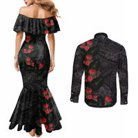 Hawaiian Taro Leaves and Ohia Lehua Couples Matching Mermaid Dress and Long Sleeve Button Shirt Polynesian Tribal Art Tropical Plants Motifs Grayscale LT03 - Polynesian Pride
