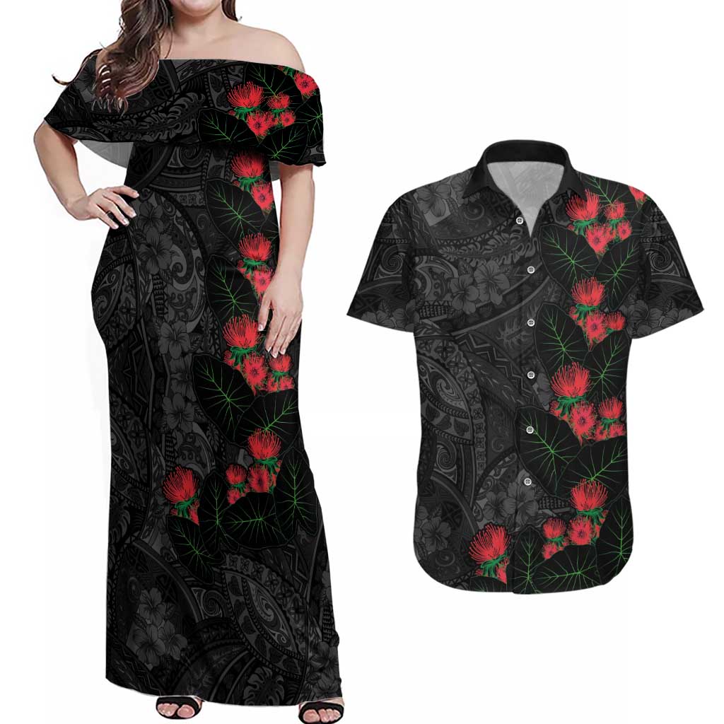 Hawaiian Taro Leaves and Ohia Lehua Couples Matching Off Shoulder Maxi Dress and Hawaiian Shirt Polynesian Tribal Art Tropical Plants Motifs Grayscale