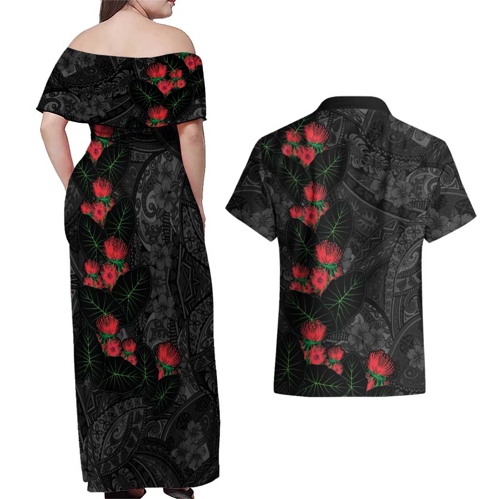 Hawaiian Taro Leaves and Ohia Lehua Couples Matching Off Shoulder Maxi Dress and Hawaiian Shirt Polynesian Tribal Art Tropical Plants Motifs Grayscale LT03 - Polynesian Pride