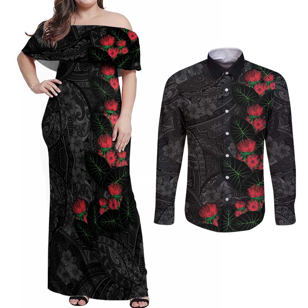 Hawaiian Taro Leaves and Ohia Lehua Couples Matching Off Shoulder Maxi Dress and Long Sleeve Button Shirt Polynesian Tribal Art Tropical Plants Motifs Grayscale LT03 Multicolor - Polynesian Pride